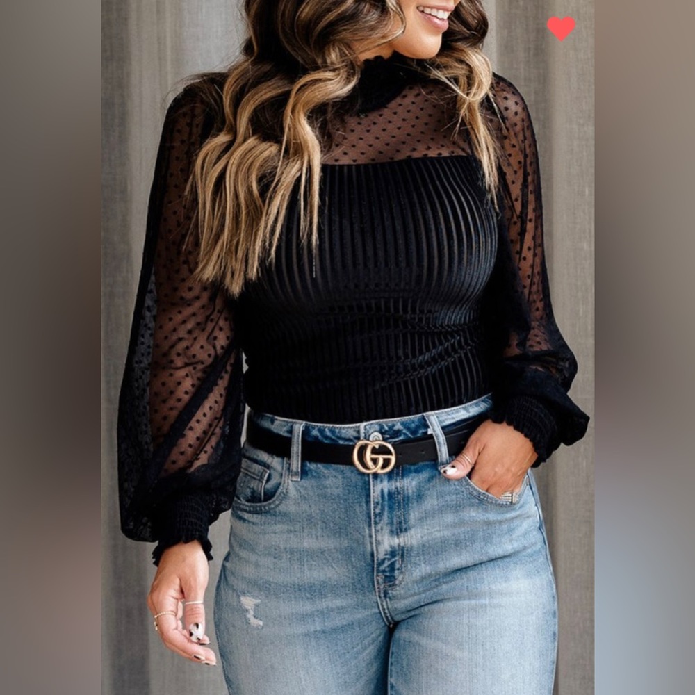 Black Sheer Dotty Ribbed Long Sleeve Bodysuit